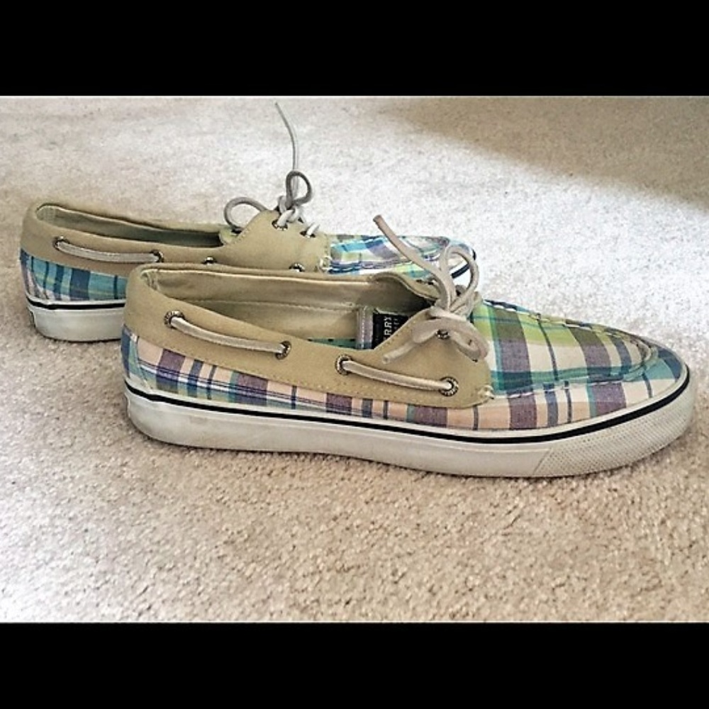 Sperry 2 Eye Teal Blue Green Tan Plaid Boat Shoes